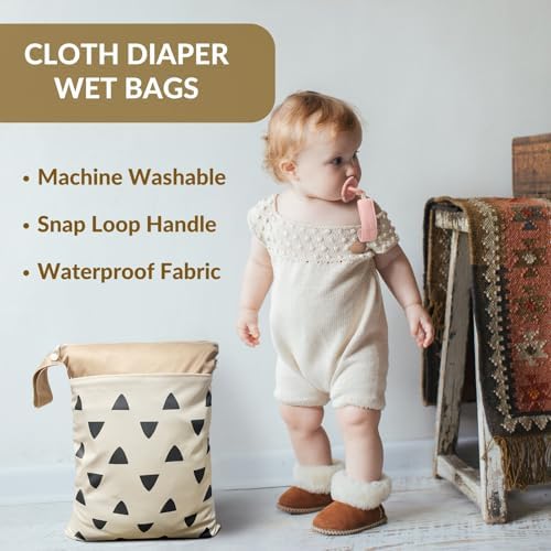 Cloth Diaper Wet Bags â€“ Waterproof & Reusable Bag with 2 Zippered Pockets, 100% Polyester with Handle, Perfect for Stroller, Travel, Baby Essentials & Breast Pump Storage (Sand Triangular) - Image 5