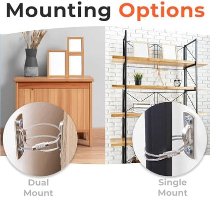 Installation diagram showing how to secure a tall bookshelf to the wall using earthquake resistant straps.