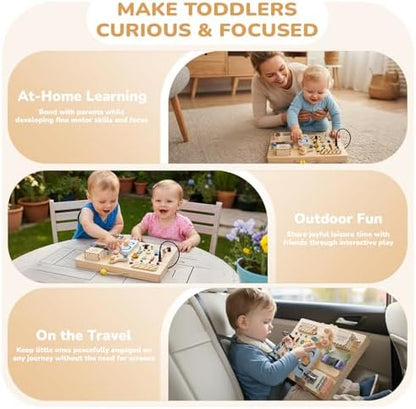 Full layout of the nineteen LED light switches and mechanical activities included on the toddler fine motor skill board.