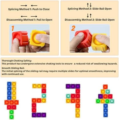 Educational setup showing the puzzle building bricks arranged into alphabet letters and numeric shapes on a table.