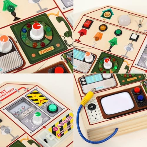 JAUNTY interactive workshop themed busy board showing the TV radio telegram layout and battery safety panel.