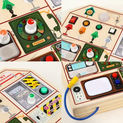 JAUNTY interactive workshop themed busy board showing the TV radio telegram layout and battery safety panel.