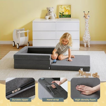 Travel Toddler Bed, 3-in-1 Convertible Sofa Bed for Toddler Portable Floor Beds, Flip Open Sofa Lounger for Girls and Boys, Made with High-Density Foam and Washable Cover,Gray - Image 5
