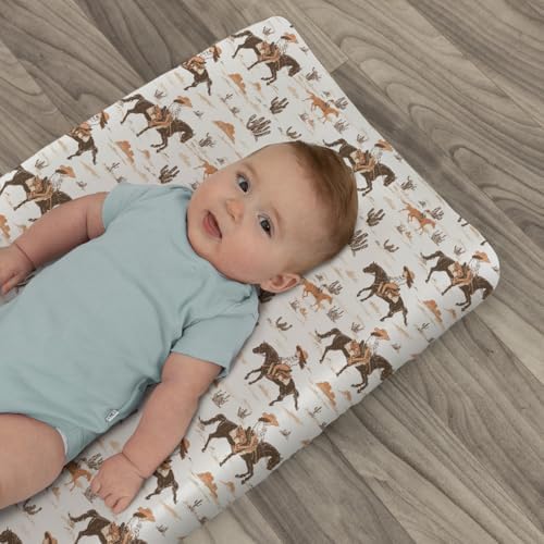 Flat lay of western desert cactus diaper changing table sheet