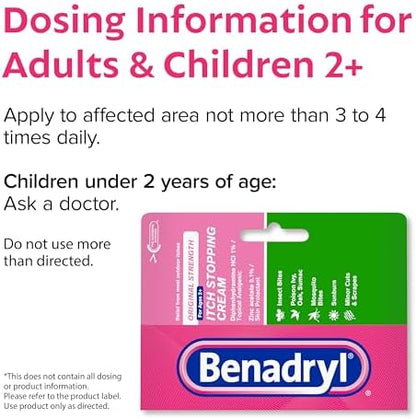 Back of Benadryl anti-itch tube showing diphenhydramine hydrochloride drug facts.