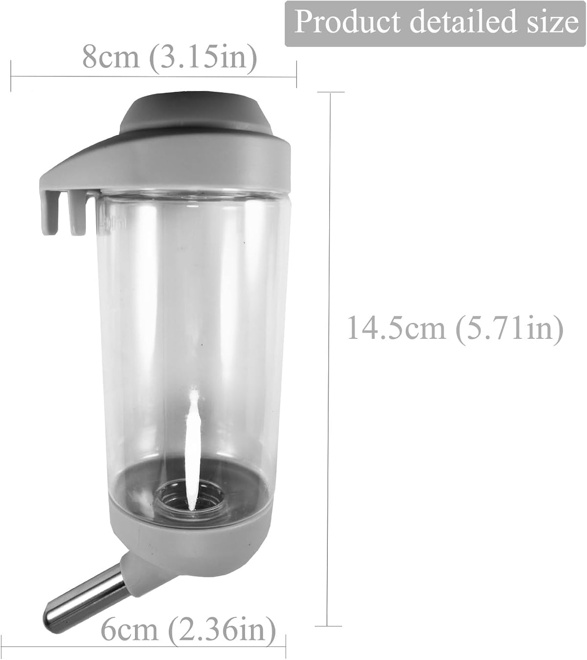 Automatic no drip pet cage water bottle showcasing the stainless steel nozzle mechanism.
