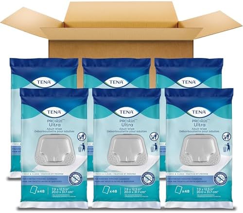 TENA adult cleansing wipes showing the secure resealable lid that maintains product moisture.