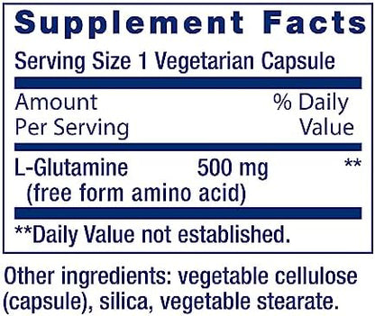 Life Extension L-Glutamine 500 mg capsule size and product details side view