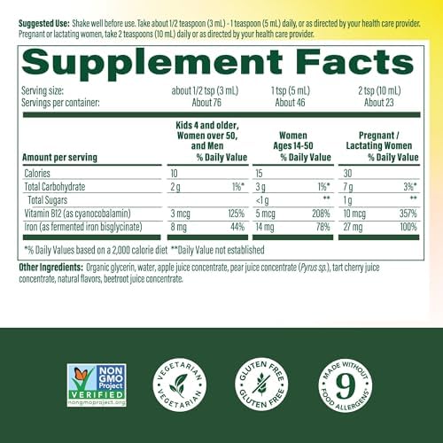 MegaFood liquid iron supplement nutritional facts and ingredient label on the side of the bottle.