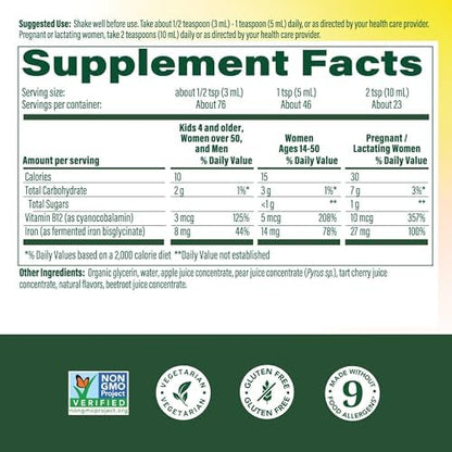 MegaFood liquid iron supplement nutritional facts and ingredient label on the side of the bottle.