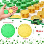 NEWHOOK gold and green shamrock tokens set on a flat surface