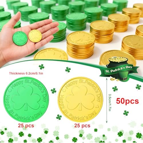 NEWHOOK gold and green shamrock tokens set on a flat surface
