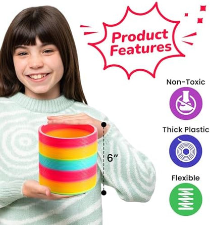 Giant rainbow magic spring toy being stretched out horizontally to show flexibility and durable plastic construction.
