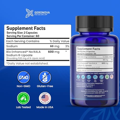 Side angle view of Geronova Research Na-RALA supplement showing clear capsule count and clinical brand labeling