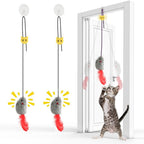 FYNIGO Self Play Door Hanging Cat Mouse Toy front view showcasing two pack plush mice with feather tails.