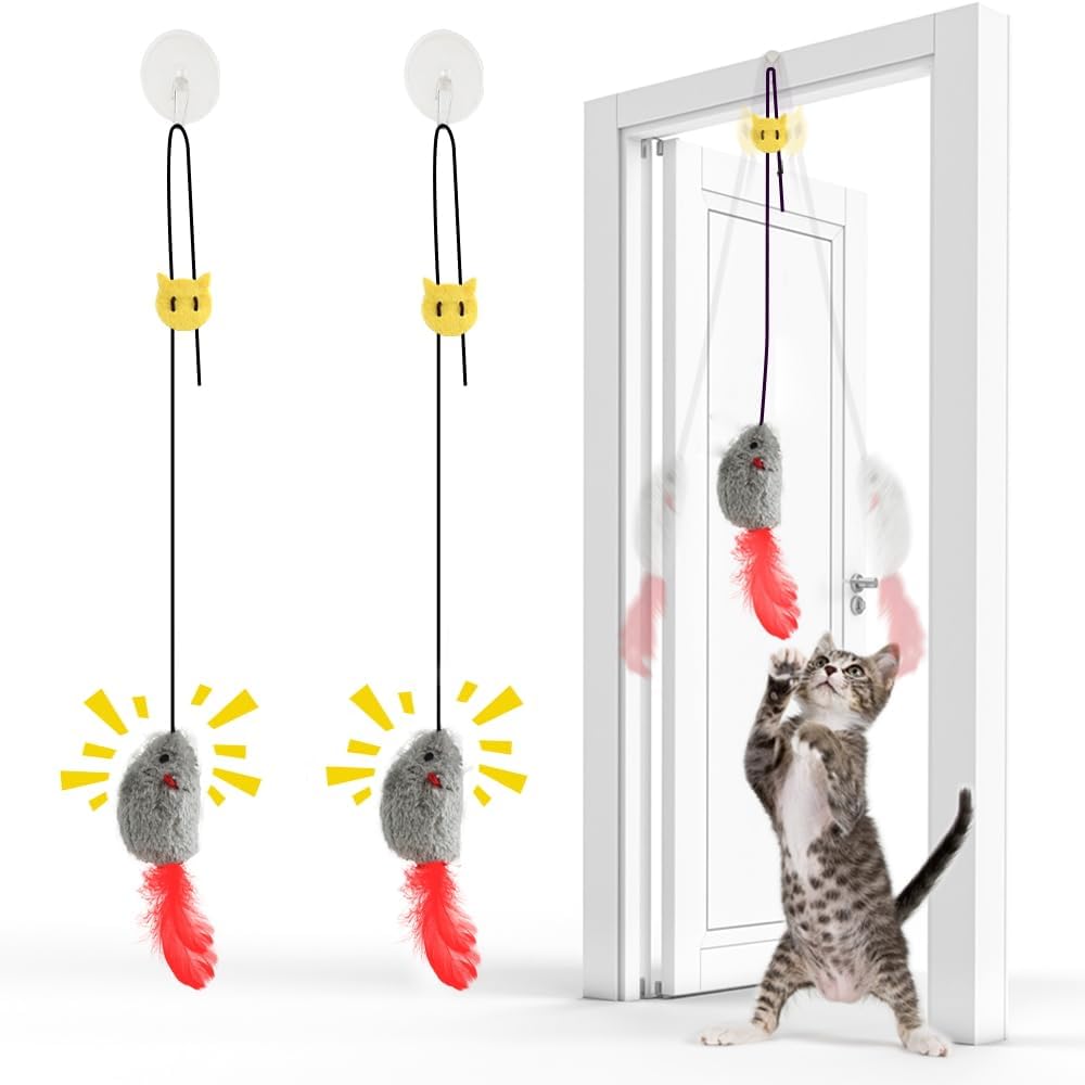 FYNIGO Self Play Door Hanging Cat Mouse Toy front view showcasing two pack plush mice with feather tails.