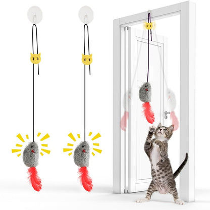 FYNIGO Self Play Door Hanging Cat Mouse Toy front view showcasing two pack plush mice with feather tails.