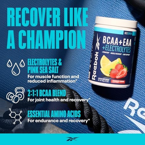 Reebok EAA and BCAA powder tub showcasing key ingredient callouts