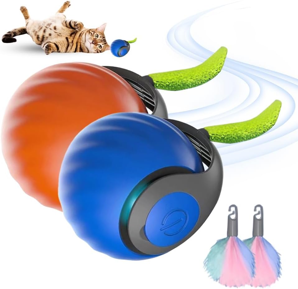 LONNIY Upgrade Speedy 3.0 Tail Cat Toy front view showing the blue and orange interactive balls with attached tails