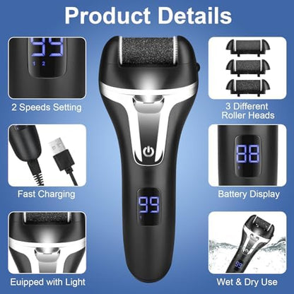 Waterproof rechargeable foot scrubber being used on dry cracked heels.