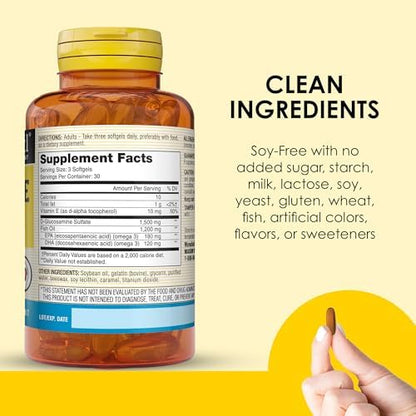 Mason Natural Glucosamine Fish Oil bottle with dairy free and preservative free icons.