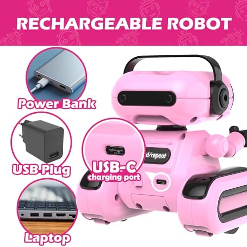 Pink remote control robot demonstrating 360 degree rotation
