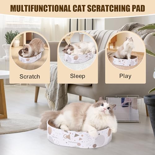 Smartbean oval cat scratcher being used as a comfortable napping lounge