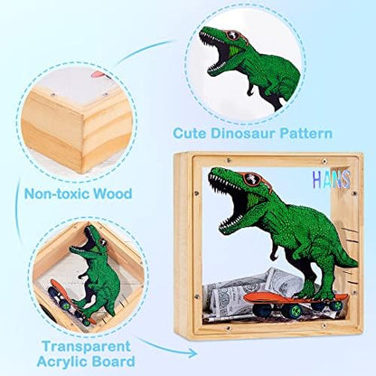 ICOSY wooden saving jar displaying folded currency and coins inside the clear storage compartment