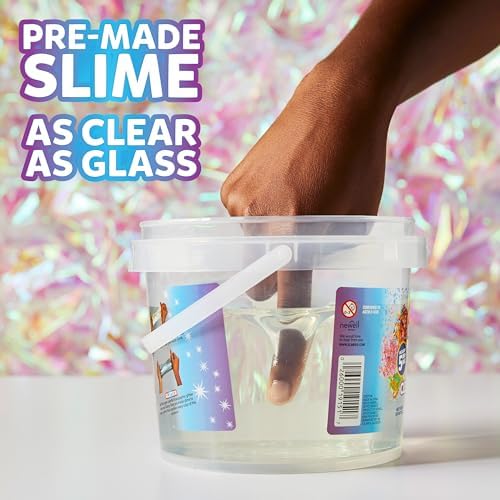 Close up view of the clear slime texture being stretched with holographic glitter add-ins mixed inside