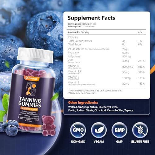 Gatchialv blueberry flavored sugar free vegan tanning supplement bottle angle view