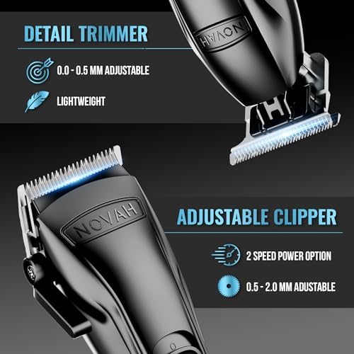 Novah cordless hair clippers showing the adjustable click taper lever and ultra-high-definition LED battery display screen.