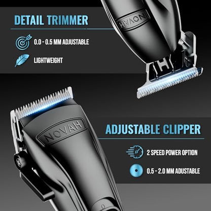 Novah cordless hair clippers showing the adjustable click taper lever and ultra-high-definition LED battery display screen.