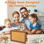 Folencer reusable piggy bank showing the top deposit slot for paper cash notes and coins.
