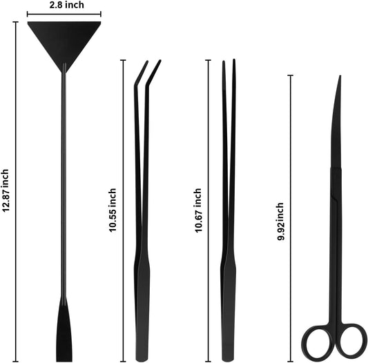 Long straight and curved tweezers from the aquarium trimming set grasping live tank plants