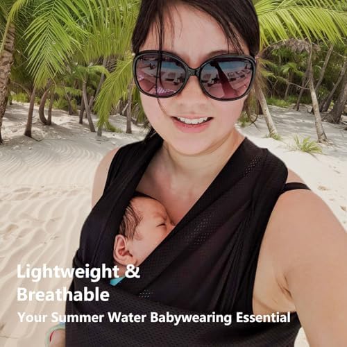 Mother utilizing the Vlokup quick dry sling for pool and beach babywearing.