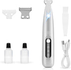 AMNICOOK dog paw trimmer front view showing white cordless pet clipper with LED light