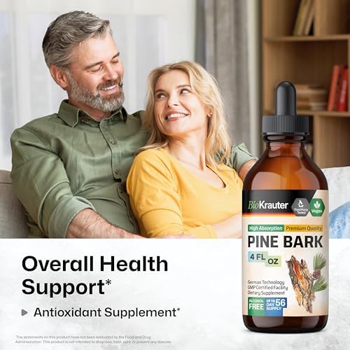 BIO KRAUTER 400 mg pine bark drops bottle showing vegan and alcohol-free certifications.