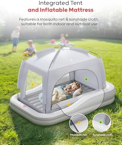 QPAU toddler blow up bed with detachable tent canopy attached for outdoor camping comfort
