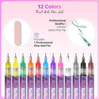 Top view of 12 vibrant nail marker colors in packaging