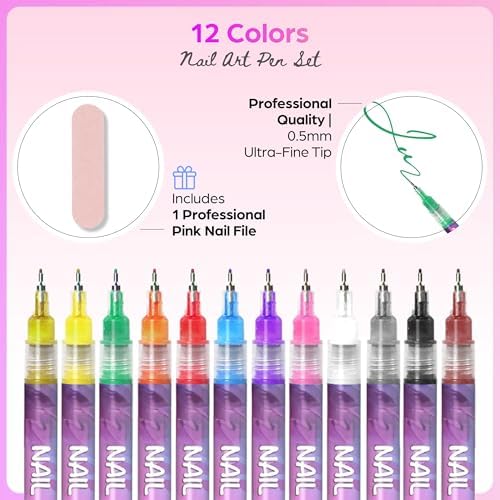 Top view of 12 vibrant nail marker colors in packaging