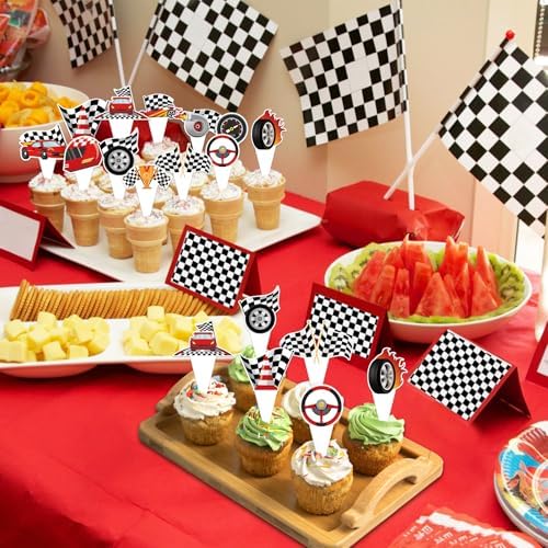 Hxezoc racing cupcake wrappers arranged on a party table