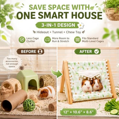 Guinea Pig Hideout No Bottom, Sturdy Bamboo Small Animal House with Window, Rabbit Bunny Tunnel, Easy to Assemble for Hamsters Bunny Rat Chinchillas Playing Hiding, Guinea Pig Cage Accessories, Green - Image 3