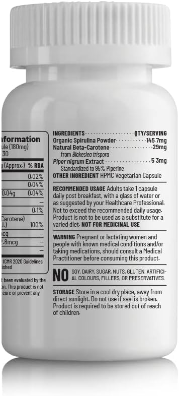 Vegan provitamin A capsules with spirulina for skin protection and antioxidant defense