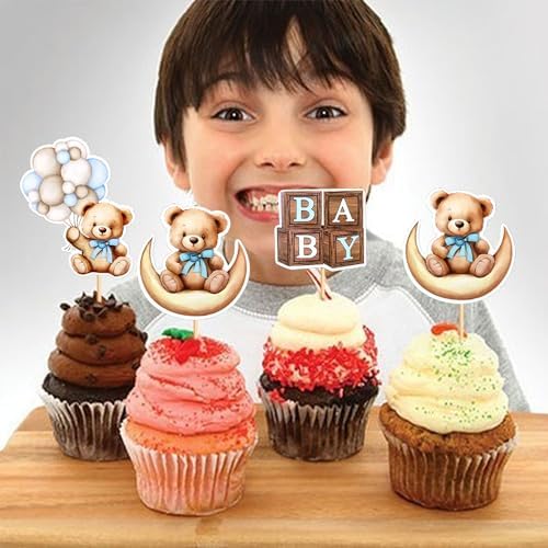 Set of 36 baby boy blue bear cupcake toppers