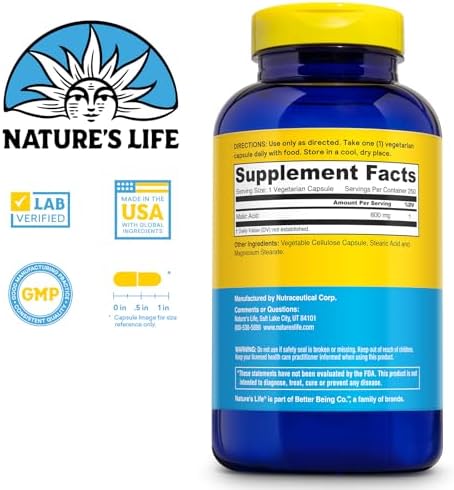 Nature's Life Malic Acid 250 capsules nutritional facts label closeup