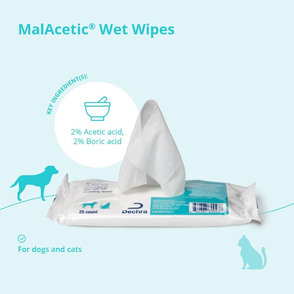 MalAcetic medicated pet cleansing wipes packaging details and directions for use.