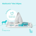MalAcetic medicated pet cleansing wipes packaging details and directions for use.