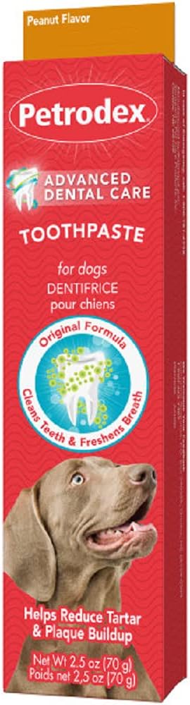 Petrodex dog toothpaste displayed with a pet toothbrush