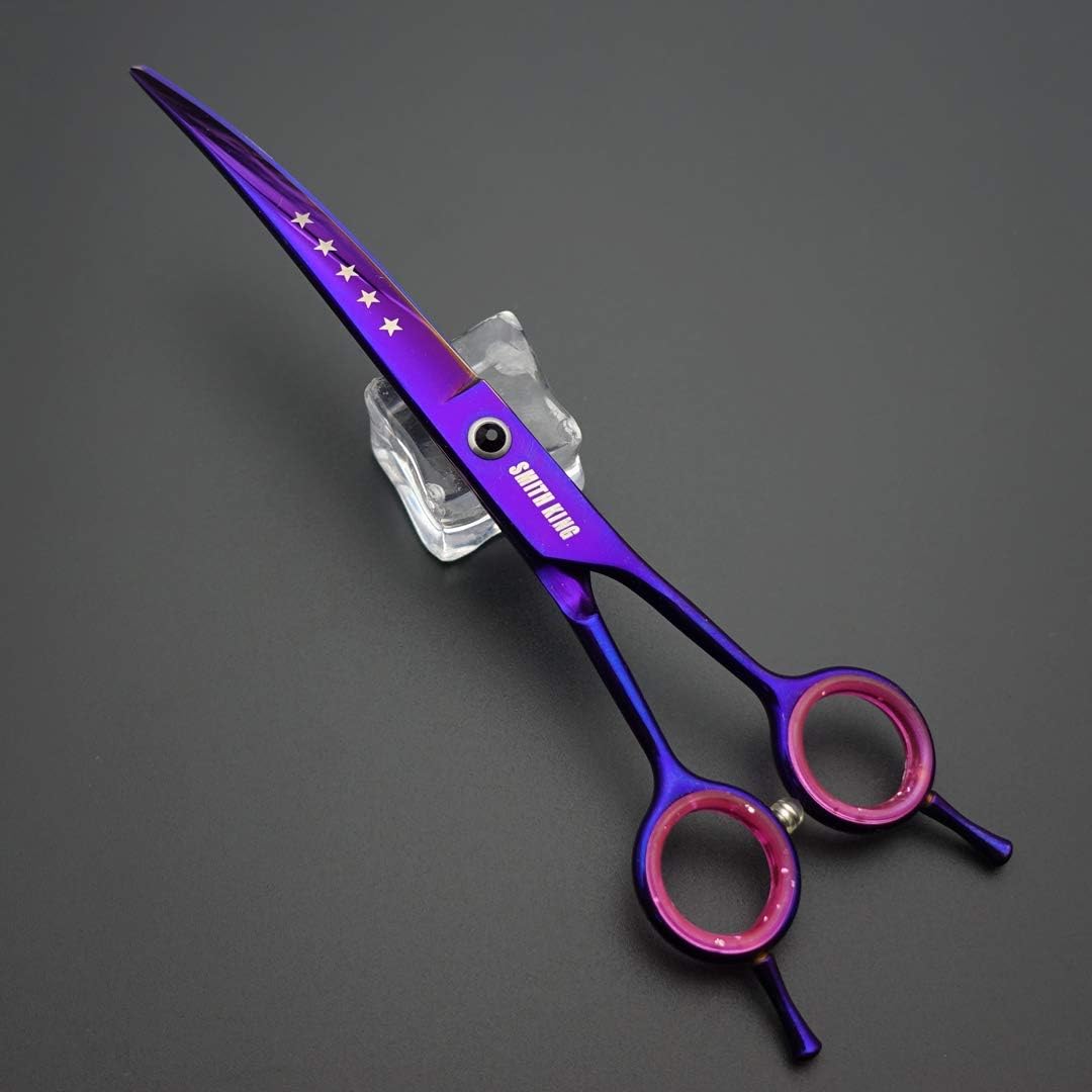 Complete five piece pet grooming kit featuring straight and curved stainless steel scissors