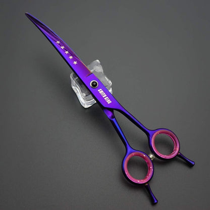 Complete five piece pet grooming kit featuring straight and curved stainless steel scissors
